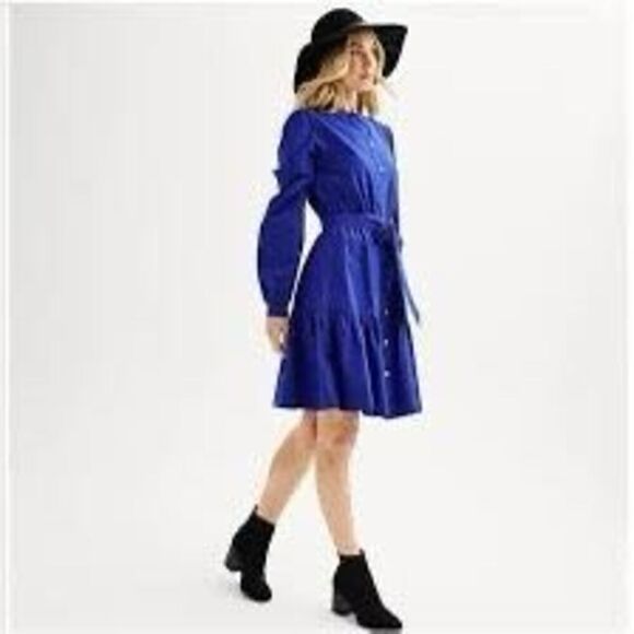 Draper James L Long Sleeve Shirt Dress Royal Blue Stripe Tiered Prairie Modest - Picture 1 of 9